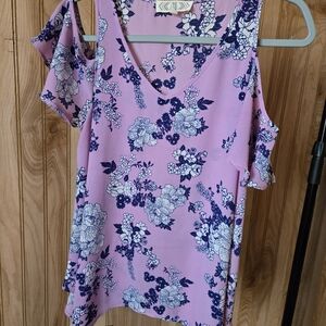 Pink Rose Floral Cold Shoulder Blouse - Pink and Blue